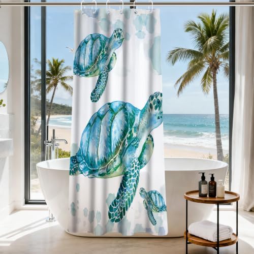 Ocean Beach Nautical Sea Turtle Shower Curtain, Coastal Tropical Shower Curtains for Bathroom Decor and Accessories, Waterproof Shower Curtain Set with Hooks, Machine Washable Fabric 36 x 72 inch Teal