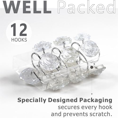Clear Rose Shower Curtain Hooks: Cute Flower Bathroom Curtain Rings, 12Pcs