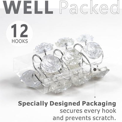 Clear Rose Shower Curtain Hooks: Cute Flower Bathroom Curtain Rings, 12Pcs