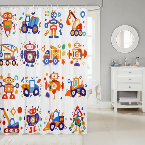 Feelyou Cute Robots Shower Curtain Kids Boys Truck Tractor Excavator Bathroom Waterproof Accessories with 12 Hooks 72x72 Inches Watercolor Machine Equipment Colorful Kawaii Room Decor,Blue Yellow