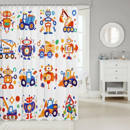 Feelyou Cute Robots Shower Curtain Kids Boys Truck Tractor Excavator Bathroom Waterproof Accessories with 12 Hooks 72x72 Inches Watercolor Machine Equipment Colorful Kawaii Room Decor,Blue Yellow