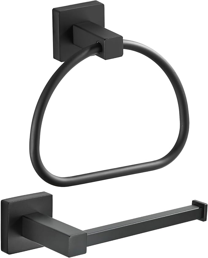 Leyden Black Toilet Paper Holder Towel Ring, Matte Bathroom Hand Towel Holder Toilet Roll Holder, Modern Bath Hardware Set Wall Mounted Stainless Steel 2 Pieces