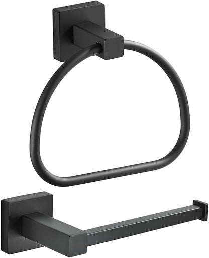 Leyden Black Toilet Paper Holder Towel Ring, Matte Bathroom Hand Towel Holder Toilet Roll Holder, Modern Bath Hardware Set Wall Mounted Stainless Steel 2 Pieces