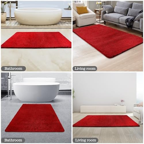 Yeaban Chenille Red Bathroom Rug 30"x50",Non-Slip Rubber Backing