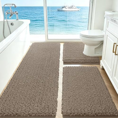 ACCUMTEK Upgrade Extra Large Dark Beige Bathroom Rug Set 3 Pieces Gray Ultra Soft, Thick Absorbent Bath Mats, Non Slip Chenille Toilet Mat Bathroom, Bedroom, Kitchen, Taupe