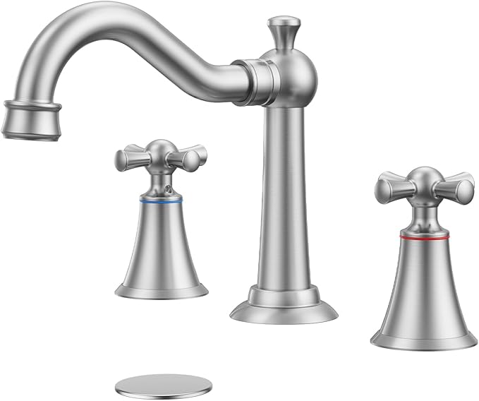 Hurran 8 Inch Widespread Bathroom Sink Faucet Brushed Nickel, 3 Hole 2 Cross Handles Classic Vintage Antique Faucet with Metal Pop Up Drain and Supply Hoses for Vanity, RV, Farmhouse