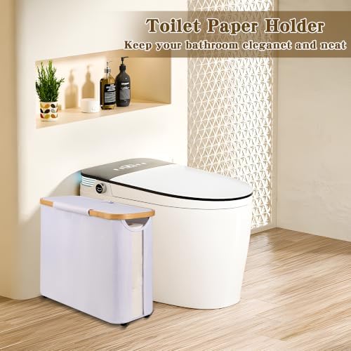 Toilet Paper Storage Basket with Lid - The Ultimate Bathroom Organizer, Free Standing Toilet Paper Holder for Up to 9 Mega Rolls, Toilet Tissue Storage Bin with Handle for RV Closet, White