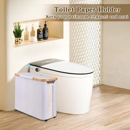 Toilet Paper Storage Basket with Lid - The Ultimate Bathroom Organizer, Free Standing Toilet Paper Holder for Up to 9 Mega Rolls, Toilet Tissue Storage Bin with Handle for RV Closet, White