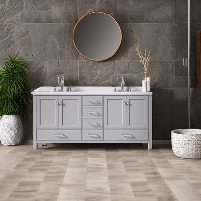 ARIEL Cambridge 72-inch Bathroom Vanity with Sink,Solid Wood, 1.5-inch Pure White Quartz Countertop & Backsplash, Double Rectangular Porcelain Sink, 4 Soft Closing Doors, 6 Dovetail Drawers, Grey