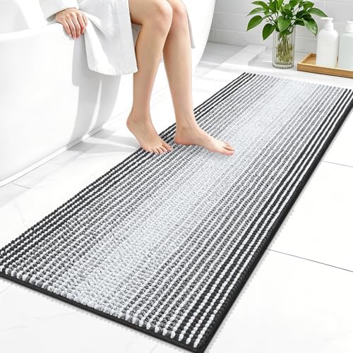 OLANLY Bathroom Runner Rugs 47x20, Chenille Striped Bath Rugs, Dark Grey