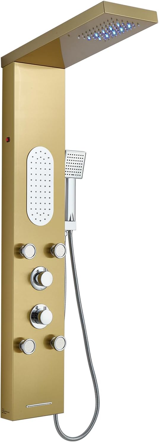 5-Jet LED Shower Panel Tower System Stainless Steel Brushed Gold | Rainfall head | 5 body jets | Handheld shower | LED lights | Brushed gold finish | Wall mount