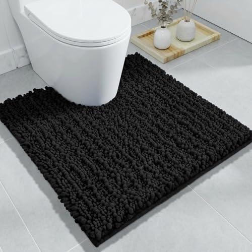 Disolla Toilet Rug 24x24 Inch - Black U-Shaped Bathroom Floor Mat, Soft Shaggy Plush Absorbent Chenille Contour Rug, Non-Slip Washable Pedestal Base Rug