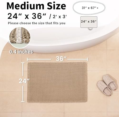 Waffle Bath Mat, Boho Bathroom Rug Non Slip Washable, 24 x 36, Khaki