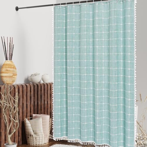 Boho Farmhouse Classic Plaid Linen Tassel Shower Curtain Teal Blue,72x72