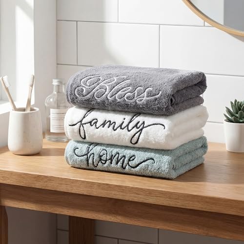 Tiamon 3 Pcs Bathroom Towel Decorative Set 100% Cotton Fluffy Bath Hand Towels for Guest Gifts Farmhouse Kitchen Hand Towels Home(Black, White, Gray,30 x 13 Inch,Home, Family, Love)
