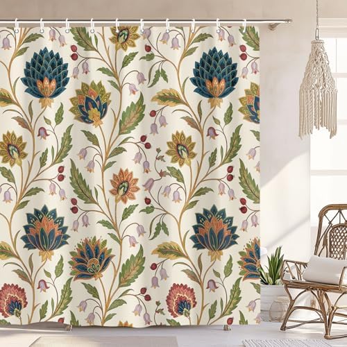 Vintage Floral Shower Curtain for Bathroom, Rustic Farmhouse Beige and Teal Sage Green Boho Botanical Shower Curtains, Retro Cottagecore Wildflower Aesthetic Bath Curtain Set with Hooks， 60 x 72 Inch