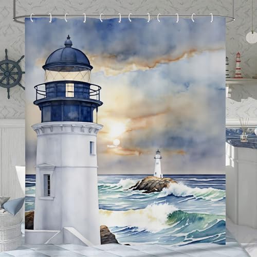 Coastal Lighthouse Shower Curtain, Ocean Nautical Sunrise Beach Seascape Bath Curtain, Sailboat Waterproof Bathroom Bathtub Decor Accessories with Hooks 72X72 in