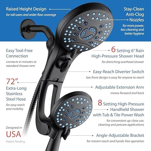 AquaCare 50-mode High Pressure Shower Head Combo with Arm & Dual Power Wash | Hygienic Jets, 2-mode Handheld Power Wash for Tub, Tile & Pets, Long 6 ft. Stainless Steel Hose, Extra Wall Bracket / Black