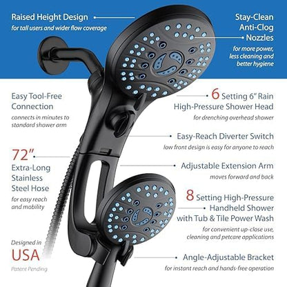 AquaCare 50-mode High Pressure Shower Head Combo with Arm & Dual Power Wash | Hygienic Jets, 2-mode Handheld Power Wash for Tub, Tile & Pets, Long 6 ft. Stainless Steel Hose, Extra Wall Bracket / Black