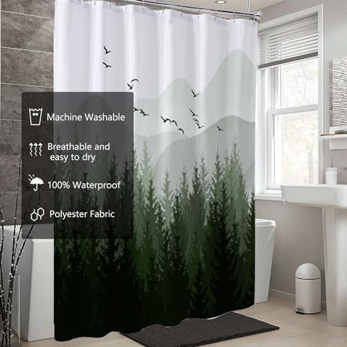 LLSCL Fabric Shower Curtain Liner with Magnets, Green Forest Waterproof Hotel Quality, 72 x 72 Machine Washable