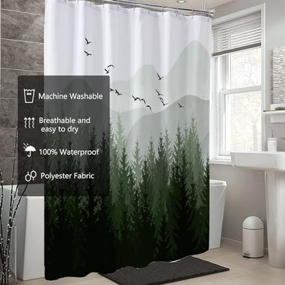 LLSCL Fabric Shower Curtain Liner with Magnets, Green Forest Waterproof Hotel Quality, 72 x 72 Machine Washable