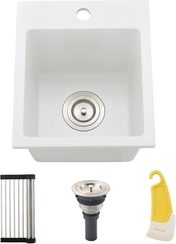 13x15 Inch Drop In Bar Sink, White Granite Composite | Small Drop In Sink RV Wet Bar Prep Sink Quartz Topmount Single Bowl Kitchen Basin with Small Rubber Squeegee