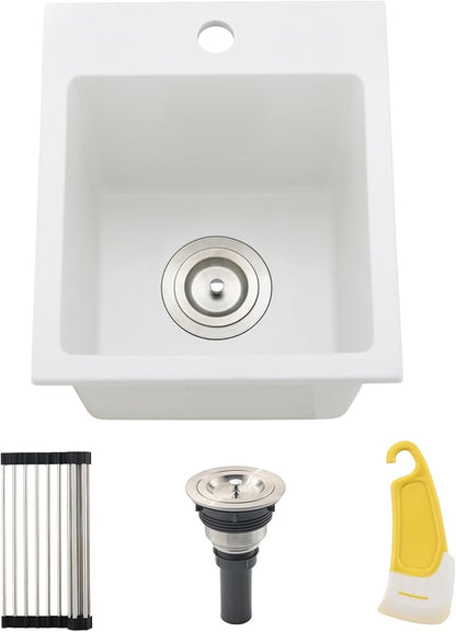 13x15 Inch Drop In Bar Sink, White Granite Composite | Small Drop In Sink RV Wet Bar Prep Sink Quartz Topmount Single Bowl Kitchen Basin with Small Rubber Squeegee