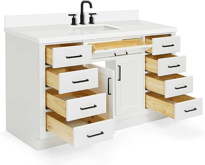 ARIEL Hepburn 60-inch Bathroom Vanity with Sink,Solid Wood, 1.5-inch Pure White Quartz Countertop & Backsplash, Single Rectangular Porcelain Sink, 2 Soft Closing Doors, 9 Dovetail Drawers, White