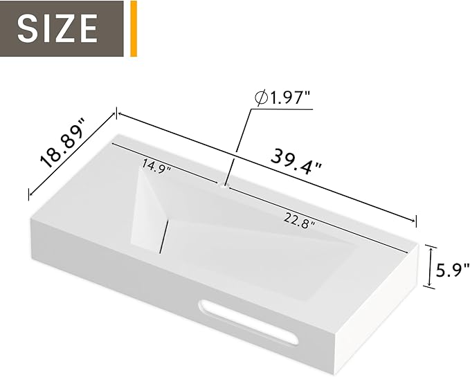 QJ&XY Resin Bathroom Sink 40" Wall Mounted V-Shaped White Basin with Towel Rack, Floating Vanity Sink in Soft-Touch Finish (Single Tier)