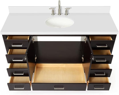 ARIEL Cambridge 60-inch Bathroom Vanity with Sink,Solid Wood, 1.5-inch Pure White Quartz Countertop & Backsplash, Single Oval Porcelain Sink, 2 Soft Closing Doors, 9 Dovetail Drawers, Espresso