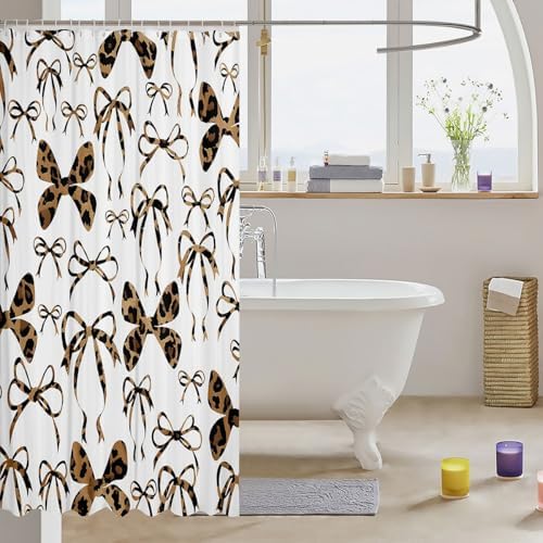 jejeloiu Cute Bowknot Shower Curtain for Bathroom Decor 72"x72" Brown Black Girls Bow Bath Curtain Kawaii Leopard Bathroom Accessories Waterproof Polyester Fabric for Stalls Bathtubs Princess Decor