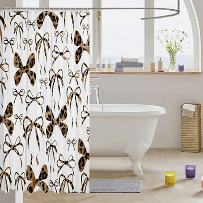 jejeloiu Cute Bowknot Shower Curtain for Bathroom Decor 72"x84" Brown Black Girls Bow Bath Curtain Kawaii Leopard Bathroom Accessories Waterproof Polyester Fabric for Stalls Bathtubs Princess Decor