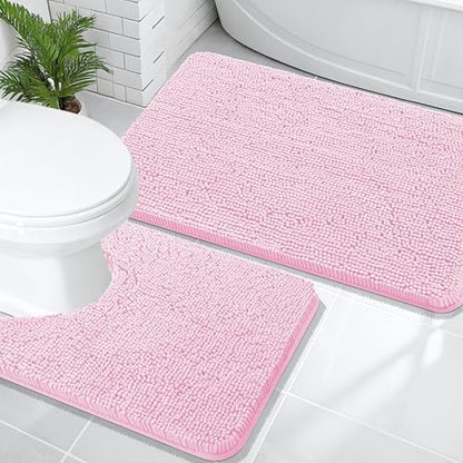OLANLY Chenille Bathroom Rugs Mats Sets 2 Piece, 36"x24"+24"x20", Pink