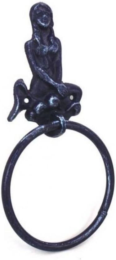 Handcrafted Nautical Decor Rustic Dark Blue Cast Iron Mermaid Towel Holder 8.5" - Cast Iron Decoration - A