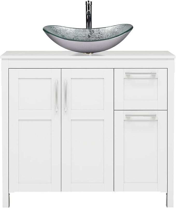 YOURLITE 36" Bathroom Vanity with Sink, White Bathroom Vanity and Sink Combo with Faucet & Pop Up Drain Set,Traditional Vanity with Blue Glass Boat Bathroom Sink