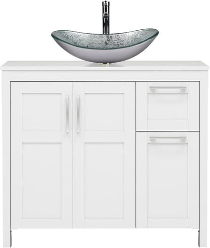 YOURLITE 36" Bathroom Vanity with Sink, White Bathroom Vanity and Sink Combo with Faucet & Pop Up Drain Set,Traditional Vanity with Blue Glass Boat Bathroom Sink