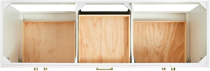 Emilia 66-Inch White Double Bathroom Vanity, 1.5-Inch Edge Pure White Quartz Countertop & Splash, Rectangular Sinks, 4 Soft Closing Doors, 6 Dovetail Drawers, Toe Kick, Satin Brass Hardware
