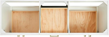 Emilia 66-Inch White Double Bathroom Vanity, 1.5-Inch Edge Pure White Quartz Countertop & Splash, Rectangular Sinks, 4 Soft Closing Doors, 6 Dovetail Drawers, Toe Kick, Satin Brass Hardware