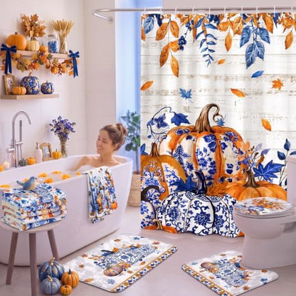 FuWeave 8 Pcs Fall Pumpkin Shower Curtain Set for Bathroom Decor Include Blue and White Chinoiserie Autumn Shower Curtain Harvest Floral Towels Non Slip Rugs Toilet Lid Cover Bath Mat and 12 Hooks
