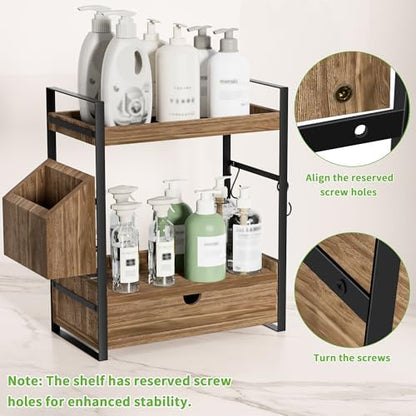 2-Tier Bathroom Counter Organizer, Wooden Vanity Shelf with Drawer & Basket
