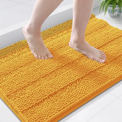 Grandaily Chenille Striped Bathroom Rugs 36x24, Extra Thick and Soft Absorbent Bath Mats, Rubber Backing, Plush Shaggy Shower Carpet, Machine Wash Dry, Bath Rug for Bathroom, Golden Yellow