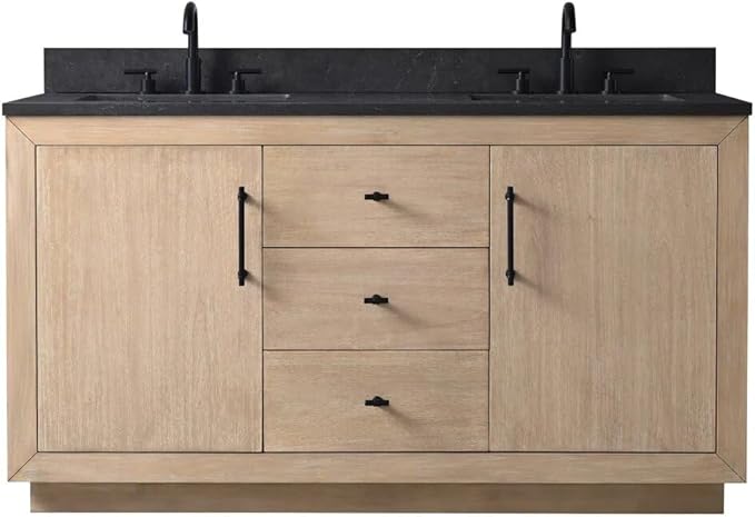 Vanity Art 60 inch Double Sink Bathroom Vanity, Vanity Cabinet with Doors and Shelf, Modern Wood Bathroom Vanity with White Marble Top, Solid Wood Frame, 3 Functioning Drawers, VA70-60-DLW-B