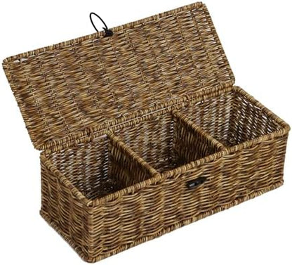 Waterproof Wicker Storage Basket with Lid and Dividers, Brown