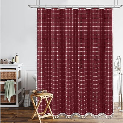BTTN Burgundy Boho Farmhouse Linen Heavy Duty Shower Curtain Set, 72x72