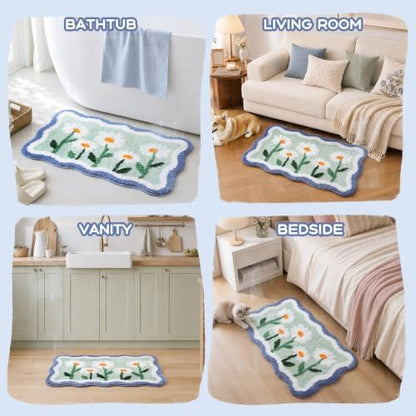TRUEDAYS Daisy Floral Bathroom Rug, Cute Bath Mat for Bathroom, 32”x20” | Scalloped Shape Flower Bath Mat, Soft & Absorbent Tufted Bath Rugs with Non Slip Backing for Farmhouse Cottagecore Decor