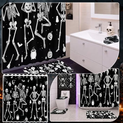 FuWeave 8 Pcs Halloween Shower Curtain Set for Bathroom Decor Include Dancing Skeleton Skull Ghost Pumpkin Towels Halloween Non Slip Spider Web Rugs Toilet Lid Cover Bat Bath Mat and 12 Hooks