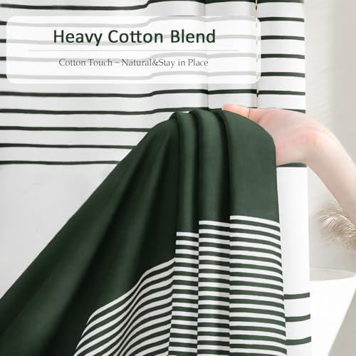 Dark Green Boho Cotton Striped Shower Curtain with Tassel 72"W X 72"L