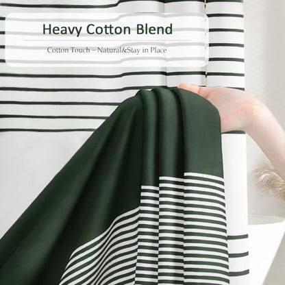 Dark Green Boho Cotton Striped Shower Curtain with Tassel 72"W X 72"L