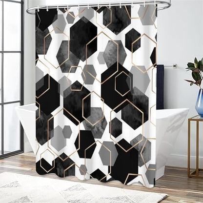 deFouliao Black Shower Curtain Modern Abstract Geometric Grid Bathroom Curtain Sets for Bathtub Home Art Decor, Waterproof Fabric Washable with Hooks, 72x96 Inch