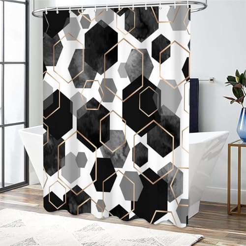 deFouliao Black Shower Curtain Modern Abstract Geometric Grid Bathroom Curtain Sets for Bathtub Home Art Decor, Waterproof Fabric Washable with Hooks, 65x72 Inch